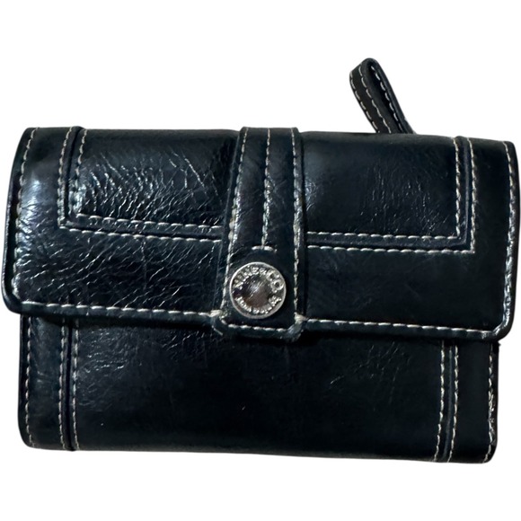 Nine & Co Black Trifold Wallet Silver Button Accent Small Purse Coin Leather - Picture 1 of 8